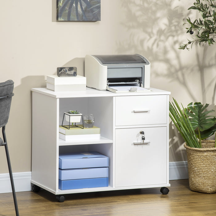 Mobile Storage Unit - Wheeled Filing Cabinet & Printer Stand with Open Shelving, Drawer Organizer for A4 Documents - Space-Saving Office Solution