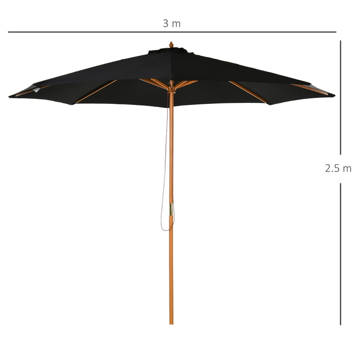 Bamboo Wooden Market Umbrella - Ø3m Outdoor Patio Garden Sunshade with 8 Ribs, Black Canopy - Ideal for Residential and Commercial Spaces