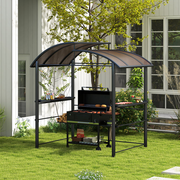 Outdoor Grill Gazebo with Side Shelves, 2.4 x 1.5m - Polycarbonate Roof, Dark Grey Finish - Ideal Shelter for BBQ Enthusiasts and Entertainers