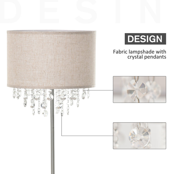 Modern Steel & Crystal Pendant Floor Lamp - Elegant Fabric Shade with Floor Switch in Silver and Cream White - Stylish Illumination for Contemporary Home Decor