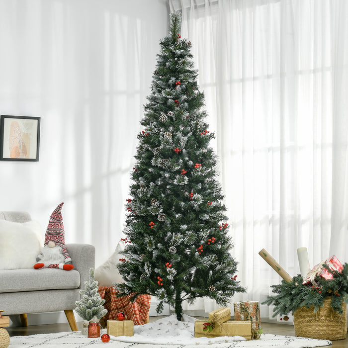 Slim Pencil Artificial Christmas Tree with Snow-Dipped Tips - 7ft Height, 738 Lifelike Branches, Pine Cones & Red Berries, Easy Auto-Open Feature - Perfect for Festive Home Decoration