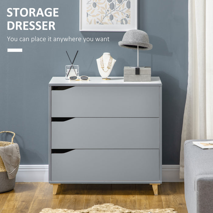 3-Drawer Grey Chest - Bedroom and Living Room Storage Unit with Pine Legs - Spacious 75x42x75cm Organizer for Home Clutter Management