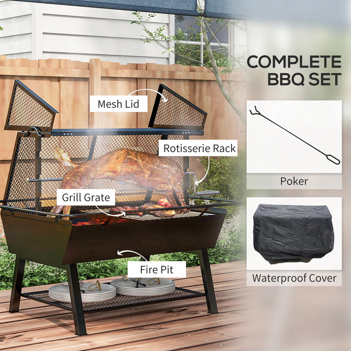 3-in-1 Charcoal Grill with Rotisserie and Fire Pit - Outdoor Cooking Station with Storage Shelf - Perfect for Grilling, Roasting & Campfires