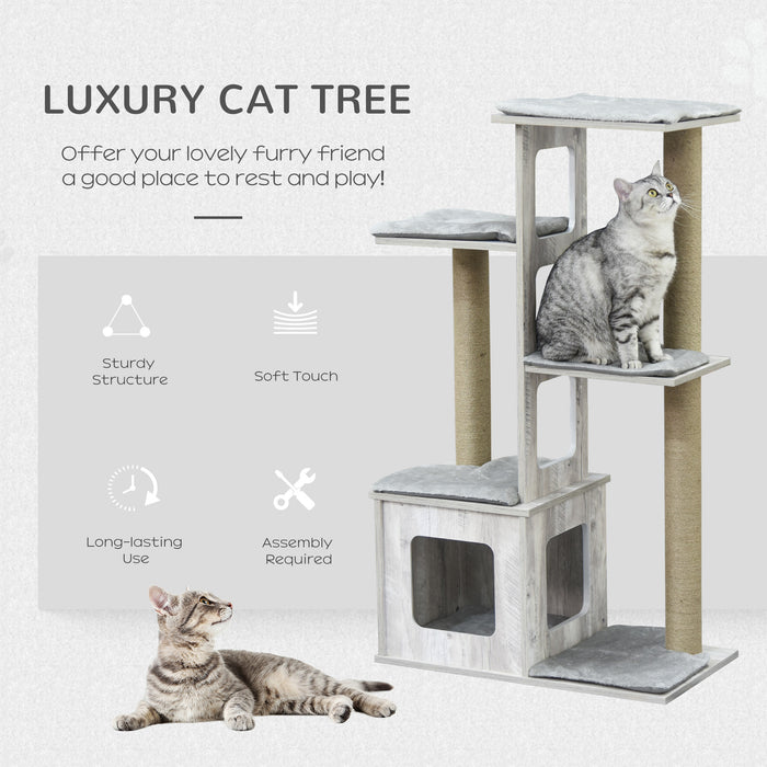 Large Cat Tower with Jute Scratching Post and Condo - 114cm Multi-Level Play House and Activity Center for Indoor Cats - Sturdy Furniture for Kittens in Grey