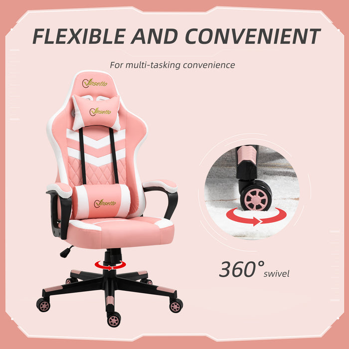 Ergonomic Racing Chair for Gamers - Lumbar Support, Adjustable Headrest, Swivel Wheels, PVC Leather - Comfortable Desk Seating for Home Office Use, Pink & White