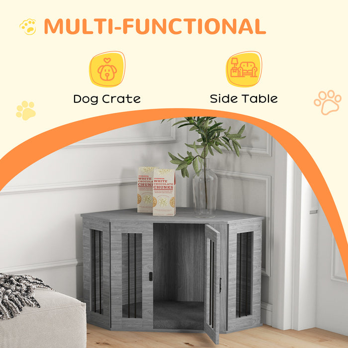 Corner Dog Crate with Comfort Cushion - Elegant Furniture-Style Pet Enclosure, 104x55x63 cm in Grey - Ideal for Home-Integrated Pet Comfort and Safety