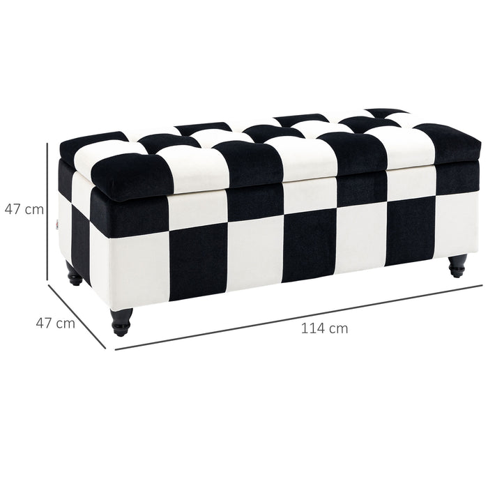 Velvet Storage Ottoman - 114cm Luxury Button-Tufted Footstool, Toy Box with Lid - Elegant Décor for Living Room and Bedroom, White & Black