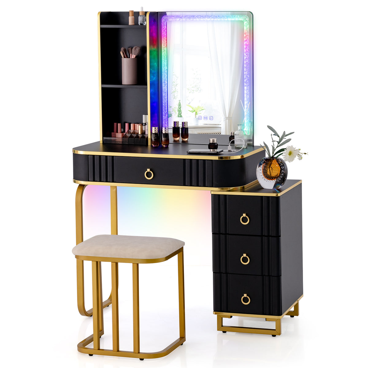 RGB LED Mirror Vanity Set - Makeup Desk with Lighting Accents in Black - Ideal for Beauty Experts Needing Precision Lighting