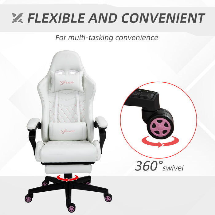 Ergonomic Racing Style Gaming Chair - Swivel Wheels, Adjustable Footrest, PU Leather Reclining Seat - Comfortable Home Office Gamers' Essential in White
