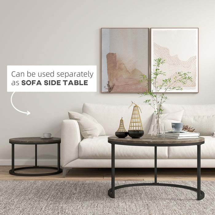 Round Industrial Nesting Coffee Tables Set - Faux Marble Top with Sturdy Steel Frame - Space-Saving Furniture for Living Rooms
