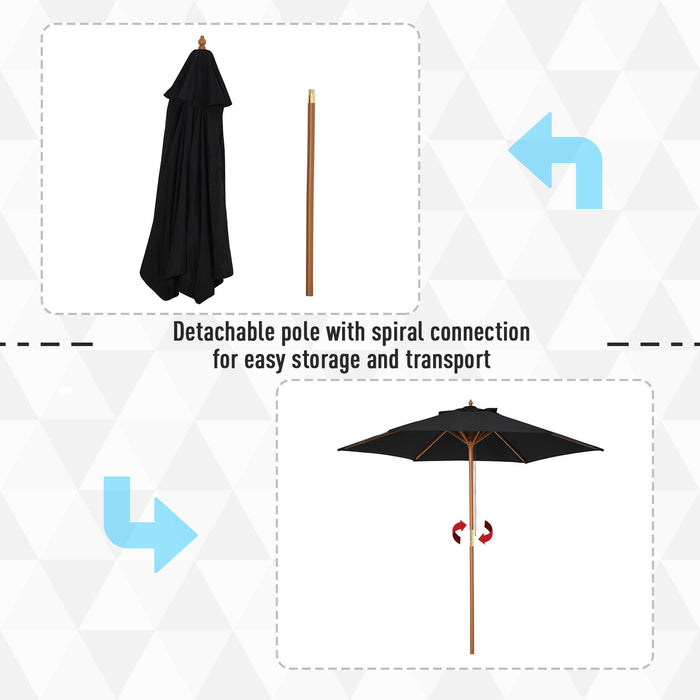 Wood Garden Parasol 2.5m - Outdoor Patio Sun Shade with Wooden Umbrella Stand, Black Canopy - Ideal for Home Backyard Comfort and UV Protection