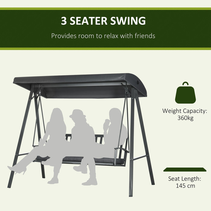 Outdoor Canopy Swing Chair with 3 Seats - Removable Cushion and Adjustable Shade, Slatted Bench Design - Ideal for Porch or Poolside Lounging, Dark Grey