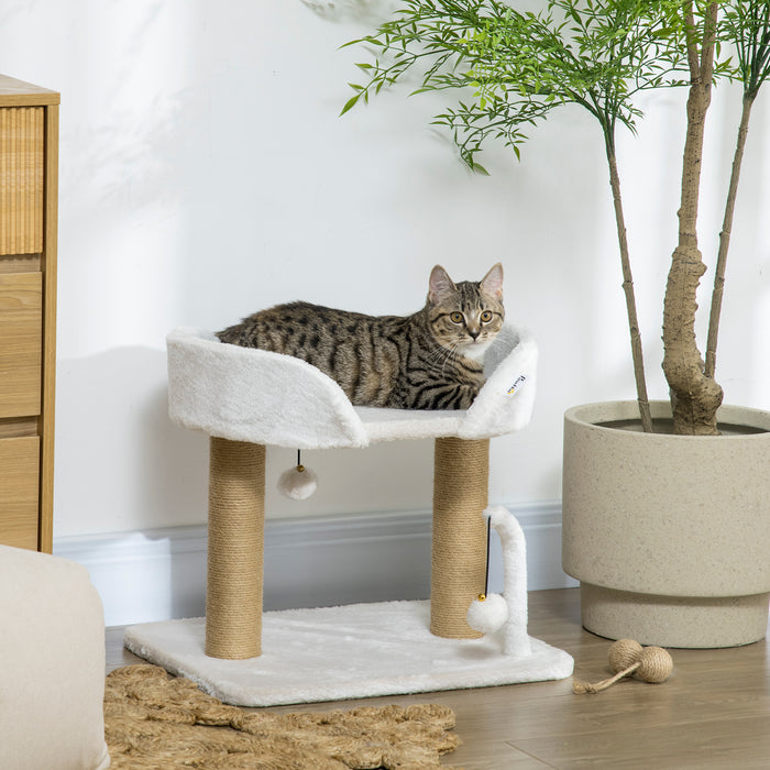 Small Cat Tree with Sisal Scratching Post - 42cm Indoor Climbing Tower with Kitten Bed and Playful Toy Balls, White - Perfect for Scratching, Playing, and Relaxing
