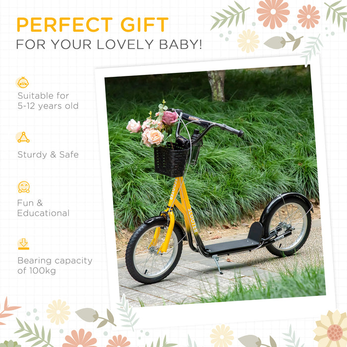 Teen Ride On Kids Kick Scooter - Adjustable Handlebar, 16" Rubber Tyres, Brakes, Basket, Cup Holder, Mudguard in Vibrant Orange - Perfect Outdoor Fun for Children and Adolescents