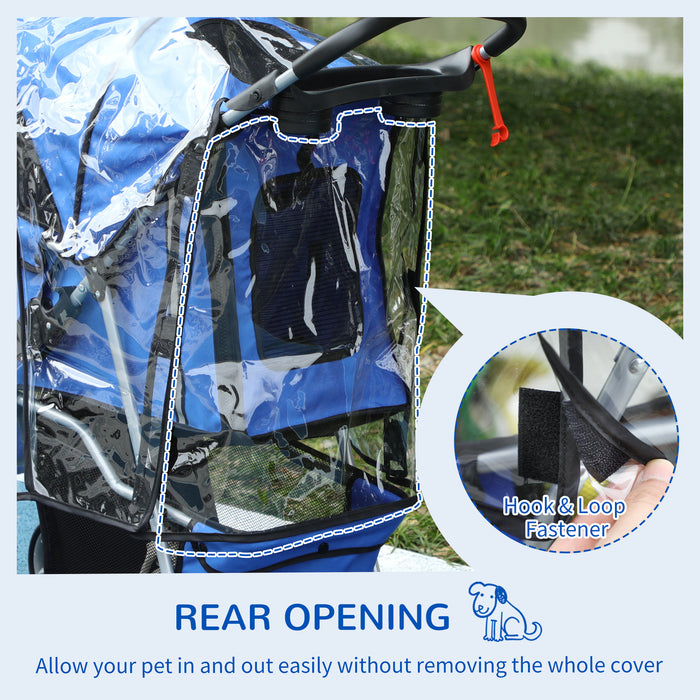 Folding Dog Stroller with Weather Shield - Small to Miniature Dogs Carrier with Cup Holder & Storage, Safe Reflective Strips, in Blue - Ideal for Protected, Comfortable Pet Journeys