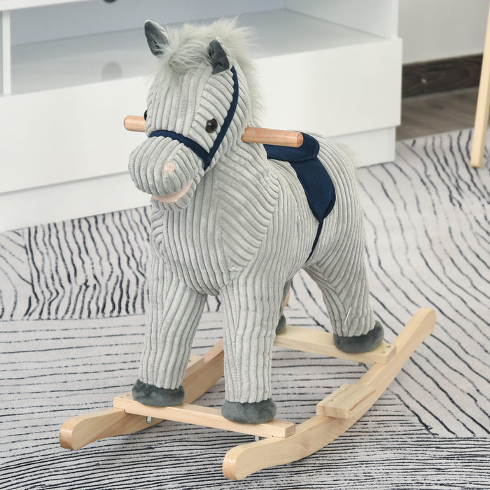 Plush Rocking Horse with Sound Effects - Ribbed Grey Fabric, Kids Ride-On Toy - Perfect for Playtime and Nursery Decor