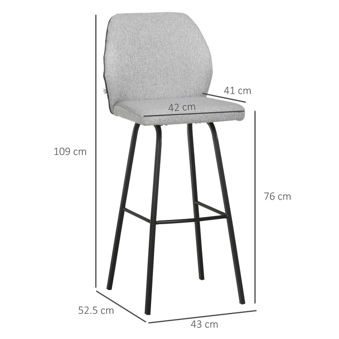 Linen-Touch Upholstered Bar Stools - Set of 2 Kitchen Chairs with Backs, Steel Legs - Stylish Seating for Home Bar and Kitchen Spaces, Light Grey