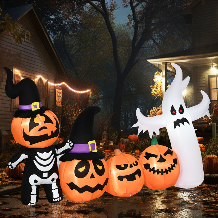 8.5ft Inflatable Halloween Decoration with Skeleton, Pumpkin Ghost & White Ghost - LED-Lit Blow-Up Outdoor Display with Three Pumpkins - Fast Next Day Delivery for Last-Minute Festive Decor