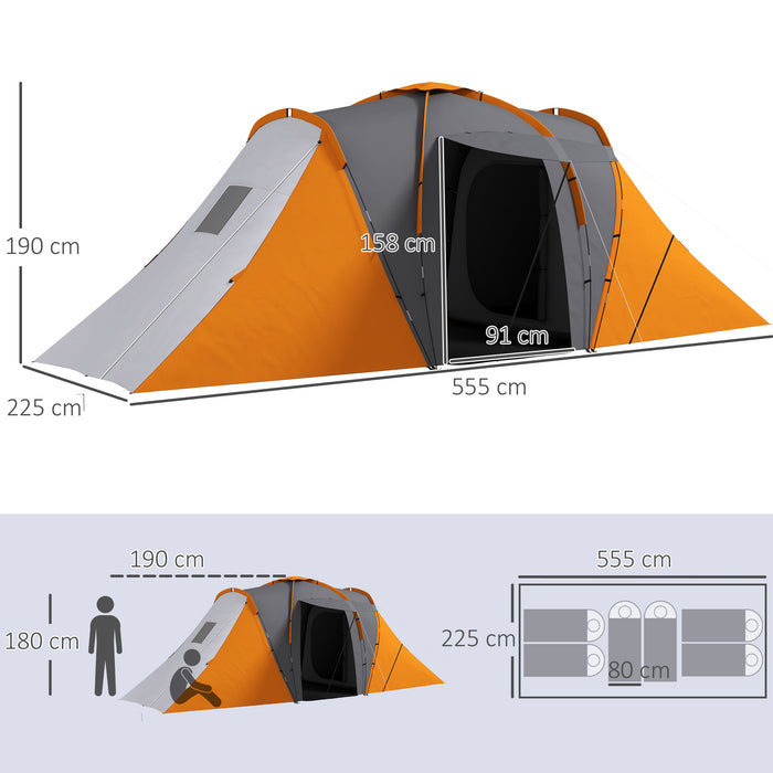 Extra Spacious Tunnel Tent - 2-Bedroom Camping Shelter with Living Space, 2000mm Waterproof - Ideal for 4-6 People, Easy Transport with Carry Bag, Vibrant Orange