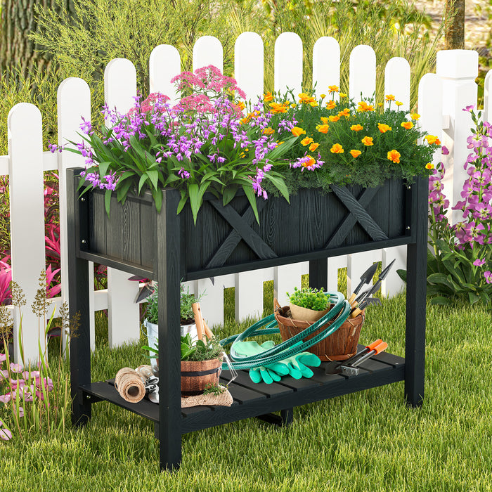 HIPS - Raised Garden Bed with Storage Shelf and Drainage Holes in Black - Perfect for Urban Gardeners and Space-Saving Solution