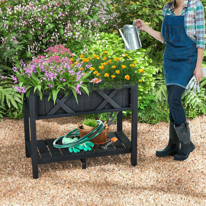 HIPS - Raised Garden Bed with Storage Shelf and Drainage Holes in Black - Perfect for Urban Gardeners and Space-Saving Solution