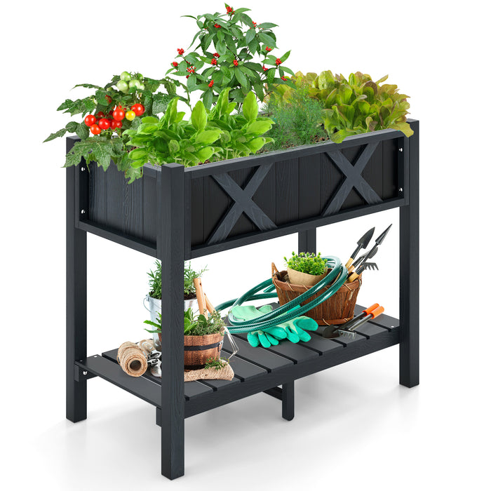 HIPS - Raised Garden Bed with Storage Shelf and Drainage Holes in Black - Perfect for Urban Gardeners and Space-Saving Solution