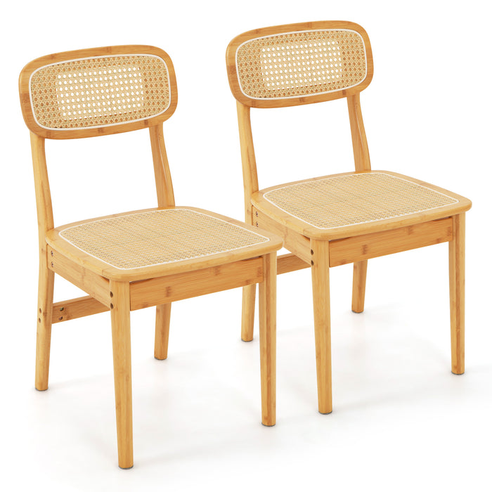 Set of 2 Rattan Dining Chairs - Simulated Rattan Backrest with Wood Frame in Natural Finish - Perfect for Elegant Dining Spaces