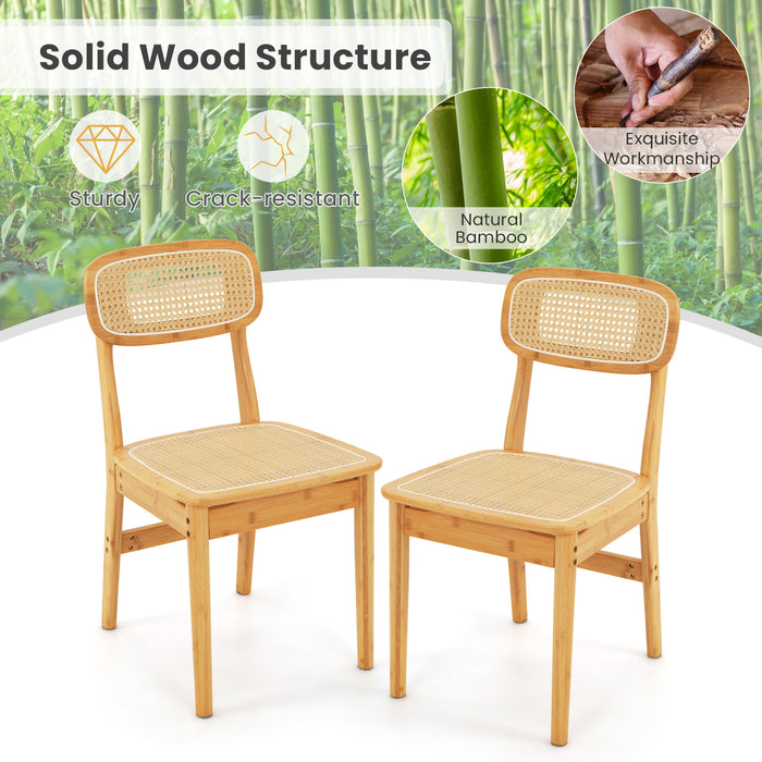 Set of 2 Rattan Dining Chairs - Simulated Rattan Backrest with Wood Frame in Natural Finish - Perfect for Elegant Dining Spaces