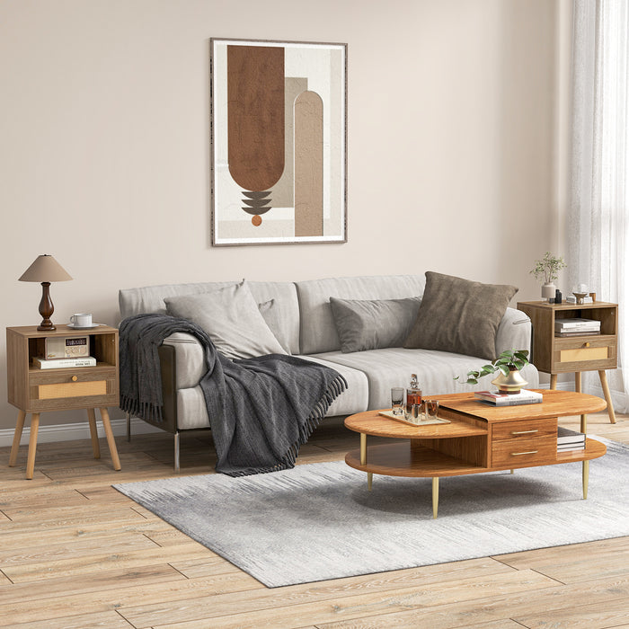 Set of 2 Rattan Nightstands - With Rattan Drawer and Open Shelf - Ideal for Bedroom Storage Solutions