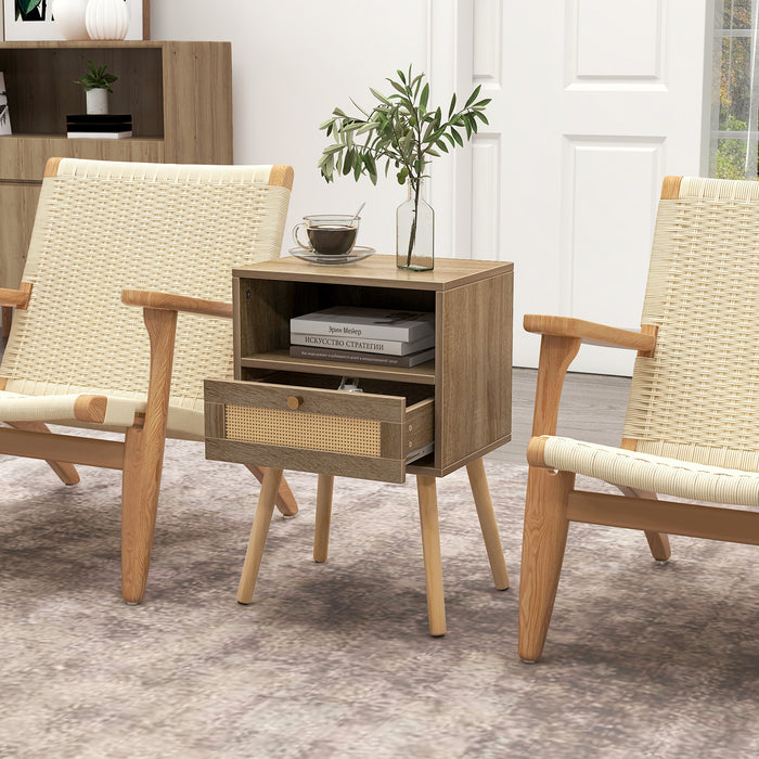 Set of 2 Rattan Nightstands - With Rattan Drawer and Open Shelf - Ideal for Bedroom Storage Solutions