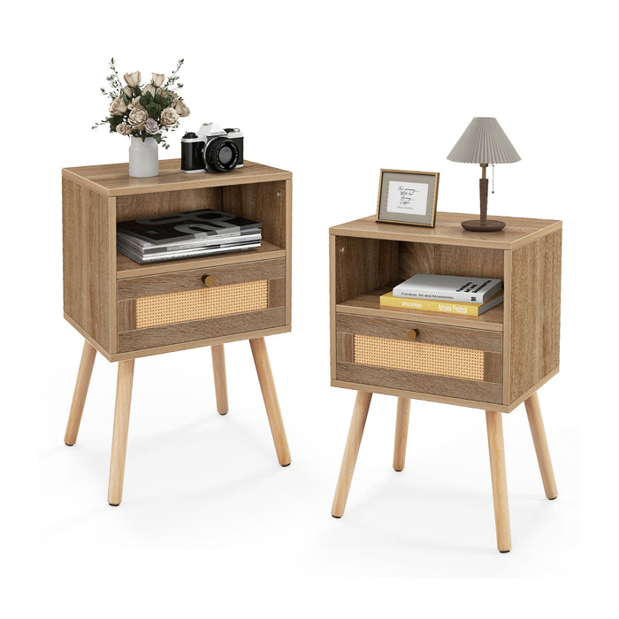 Set of 2 Rattan Nightstands - With Rattan Drawer and Open Shelf - Ideal for Bedroom Storage Solutions