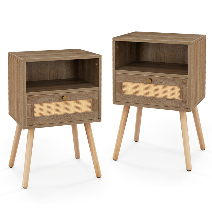 Set of 2 Rattan Nightstands - With Rattan Drawer and Open Shelf - Ideal for Bedroom Storage Solutions