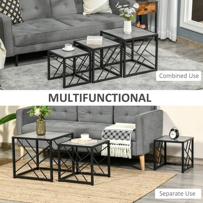 Nest of 3 Square Side Tables - Black Metal Frame & Grey Finish for Modern Decor - Versatile Living Room, Bedroom, and Office Furniture