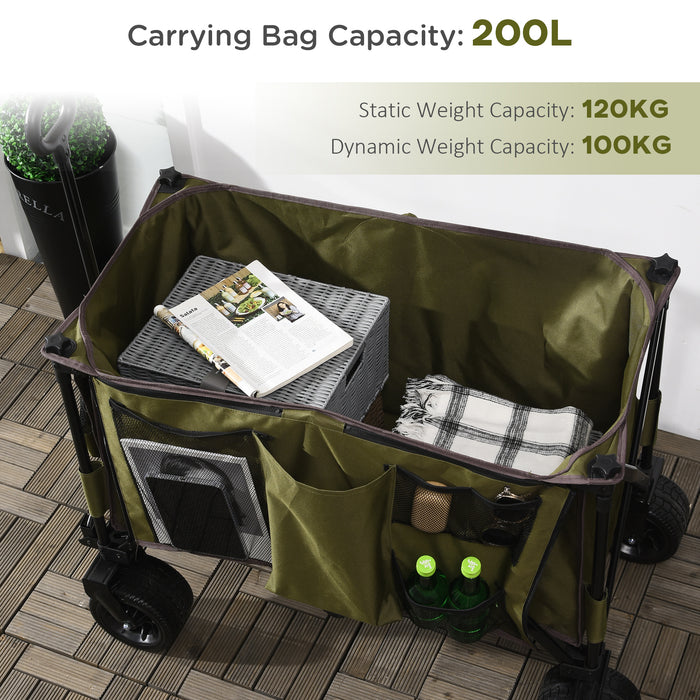 Folding Outdoor Utility Wagon with Wheels - Collapsible Garden & Camping Cart, Durable Steel Frame with Oxford Fabric - Ideal for Yard Work and Outdoor Adventures, Green