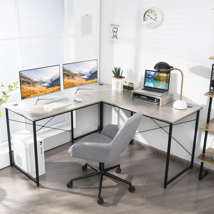 Corner Office Desk - Reversible Study and Writing Workstation with Monitor Stand in Grey - Ideal for Students and Home Office Setup