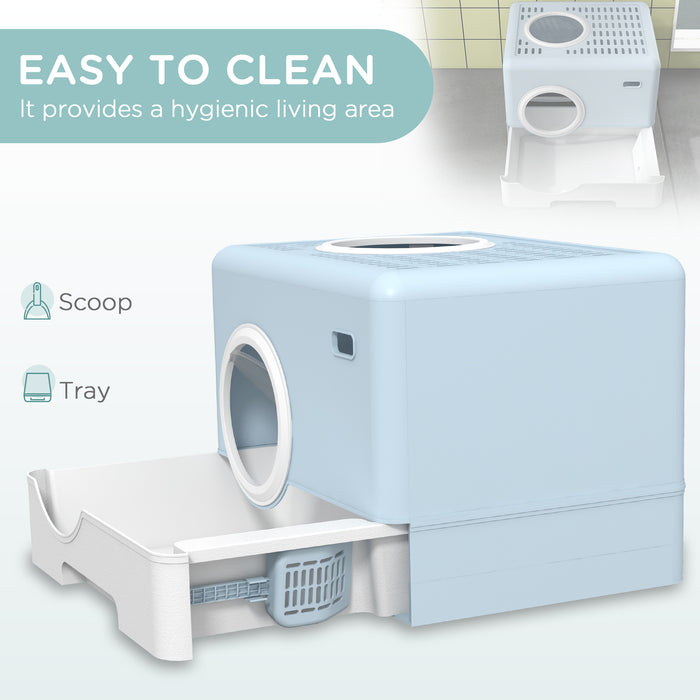 Enclosed Cat Litter Box with Lid - Front Entry, Top Exit Design & Drawer Tray, Includes Scoop - Ideal for Pet Privacy & Easy Cleaning, 52 x 41 x 38.5 cm, Blue