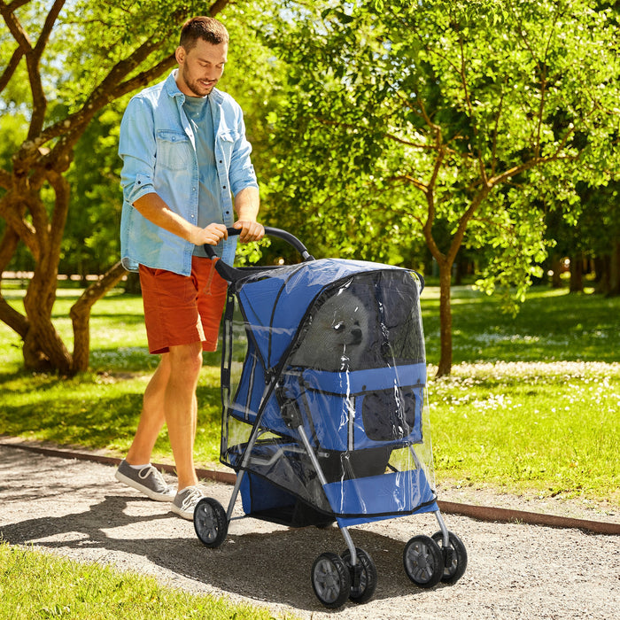 Folding Dog Stroller with Weather Shield - Small to Miniature Dogs Carrier with Cup Holder & Storage, Safe Reflective Strips, in Blue - Ideal for Protected, Comfortable Pet Journeys