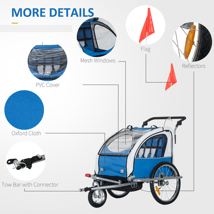 2-Seater Bike Trailer & Jogger Combo - Removable Canopy, Storage Pocket, Durable Steel Frame in Blue - Ideal for Active Parents with Babies or Young Children