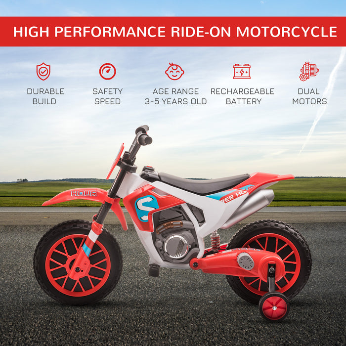 Kids 12V Electric Motorcycle Ride-On with Support Training Wheels - Durable Battery-Powered Bike for Children 3-6 Years - Safe Outdoor Play and Motor Skills Development, Red