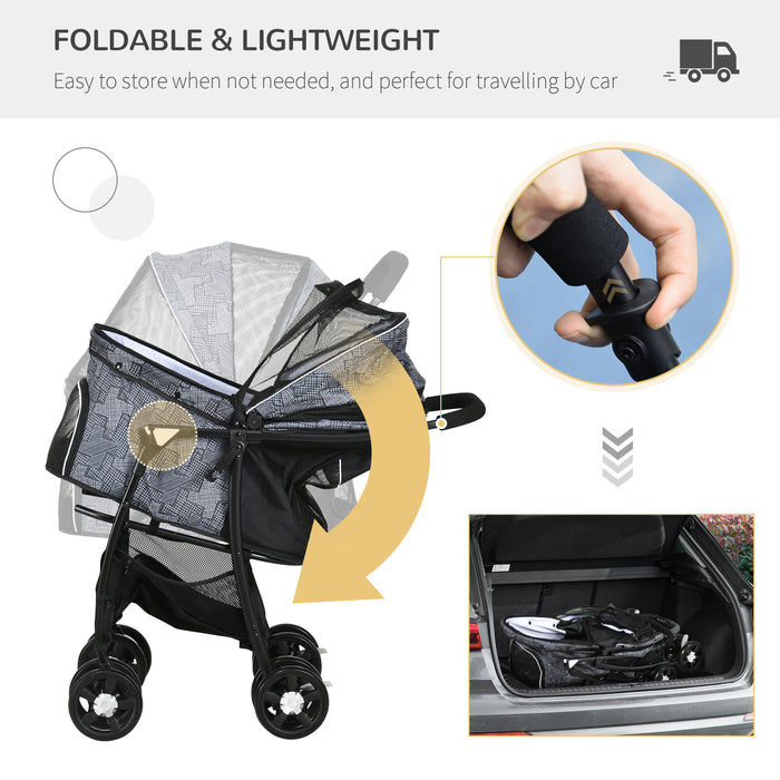 Foldable Pet Stroller for XS & S Pets - Dog & Cat Travel Pushchair with Brake Canopy & Universal Wheels - Portable Carrier for Safe Pet Outings, Grey