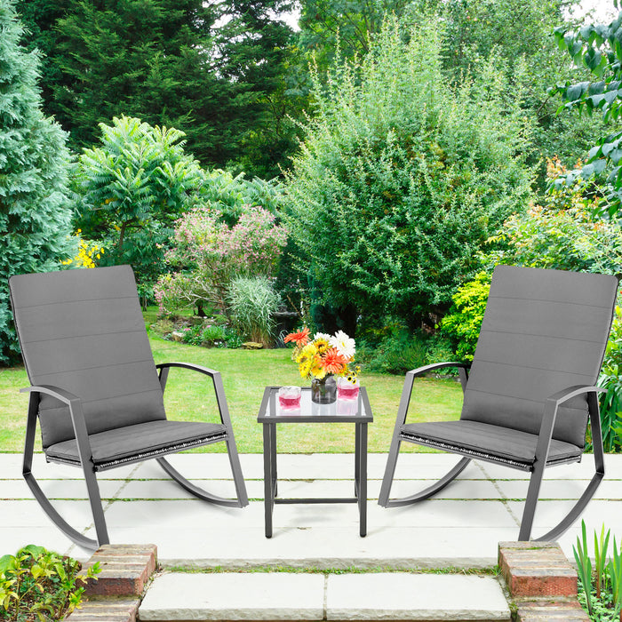 PE Rattan - Rocking Chairs with Tempered Glass Side Table in Grey - Ideal for Leisure and Relaxation