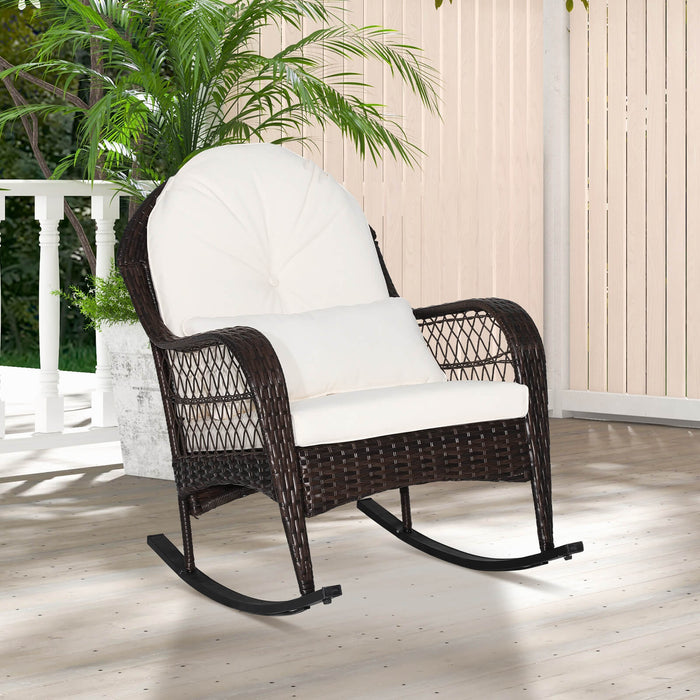 Rattan Patio Rocking Chair - With Seat Back Cushions and Waist Pillow, Sturdy, Comfortable Design - Perfect for Outdoor Relaxation, Solves Back Support Issues