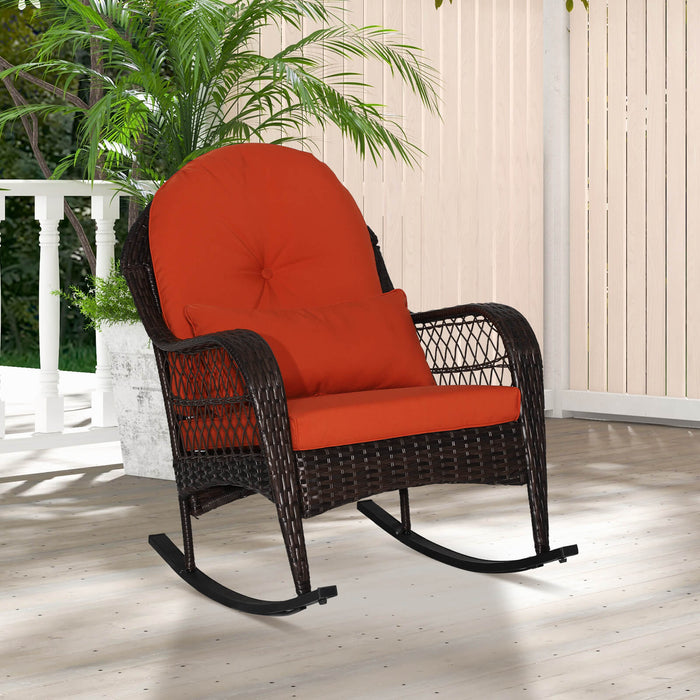 Rattan Patio Rocking Chair - With Seat Back Cushions and Waist Pillow, Sturdy, Comfortable Design - Perfect for Outdoor Relaxation, Solves Back Support Issues