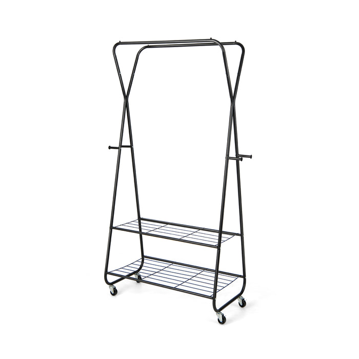 Double Rod Rolling Clothing Rack - Black Garment Organizer with 2 Shelves and Wheels - Ideal Storage Solution for Wardrobes and Closets