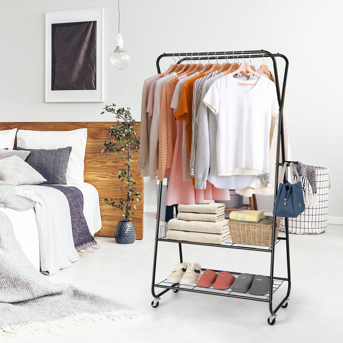 Double Rod Rolling Clothing Rack - Black Garment Organizer with 2 Shelves and Wheels - Ideal Storage Solution for Wardrobes and Closets
