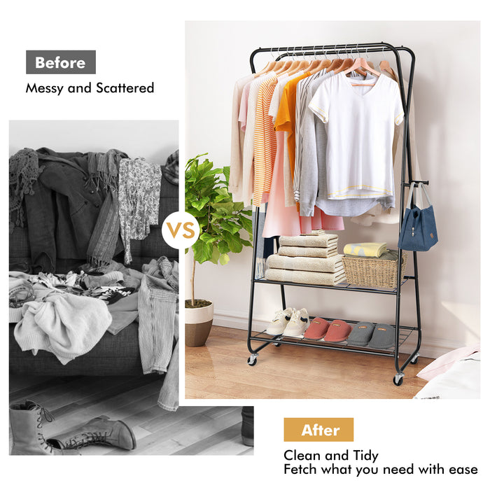 Double Rod Rolling Clothing Rack - Black Garment Organizer with 2 Shelves and Wheels - Ideal Storage Solution for Wardrobes and Closets