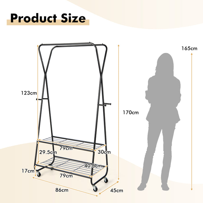 Double Rod Rolling Clothing Rack - Black Garment Organizer with 2 Shelves and Wheels - Ideal Storage Solution for Wardrobes and Closets