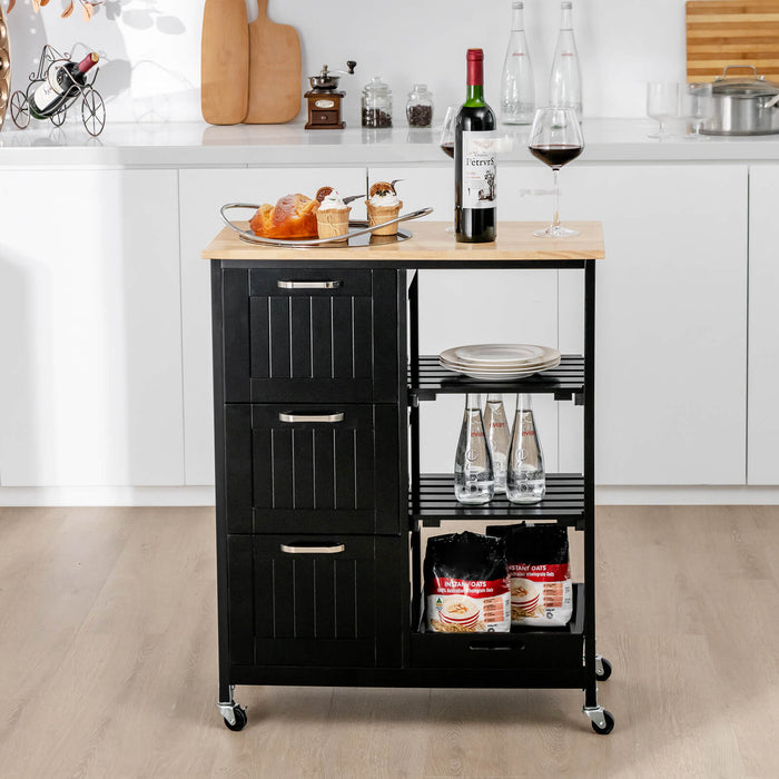 Kitchen Island Rolling Cart - Black, with Storage Drawer and Tray - Ideal Solution for Extra Space and Organization in Kitchen