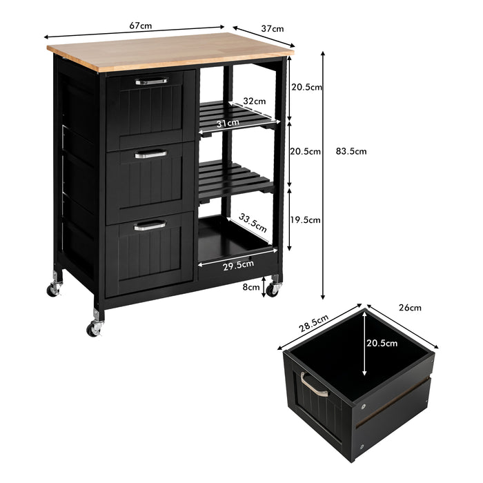 Kitchen Island Rolling Cart - Black, with Storage Drawer and Tray - Ideal Solution for Extra Space and Organization in Kitchen