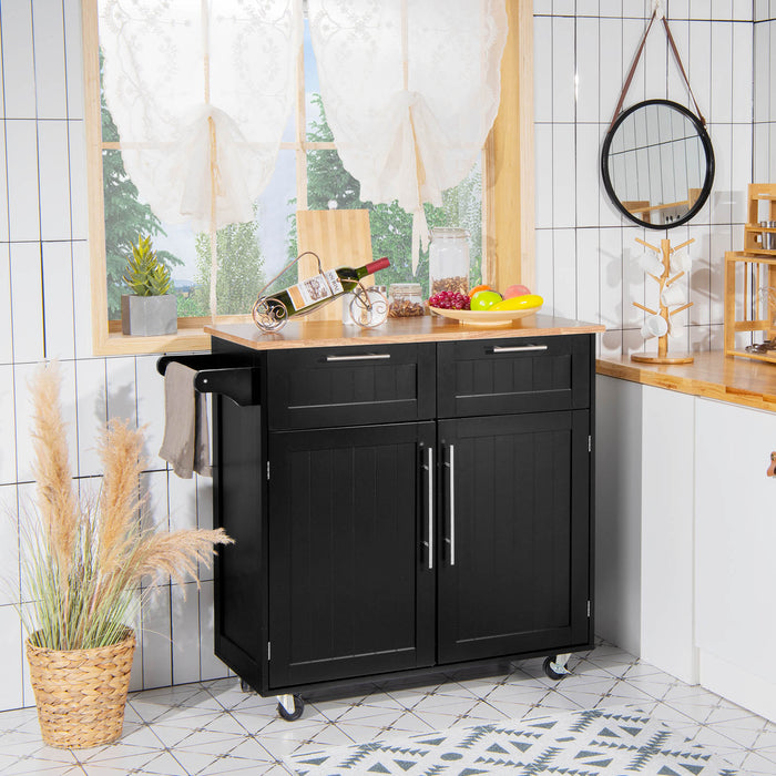 Kitchen Island Rolling Cart - Black with 2-Door Storage Cabinet Feature - Ideal for Extra Kitchen Storage and Workspace